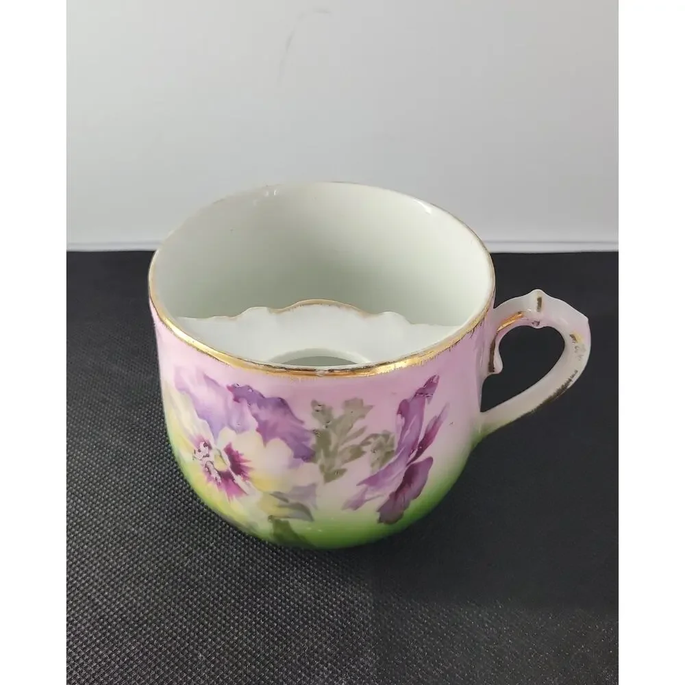 Antique Bavaria Hand Painted Mustache Cup Floral Porcelain Shaving Mug Gold Trim